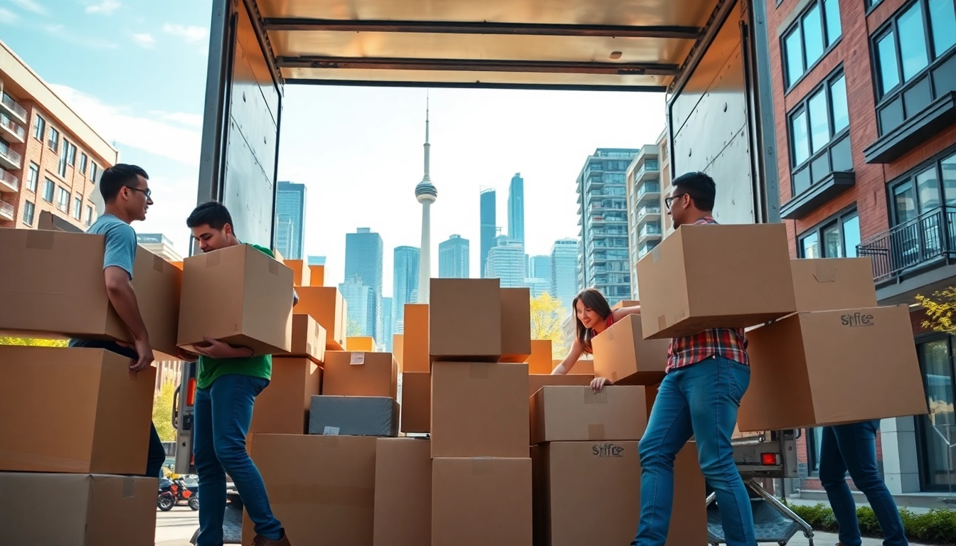 Efficient Toronto moving team loading boxes into a truck amidst the city skyline.