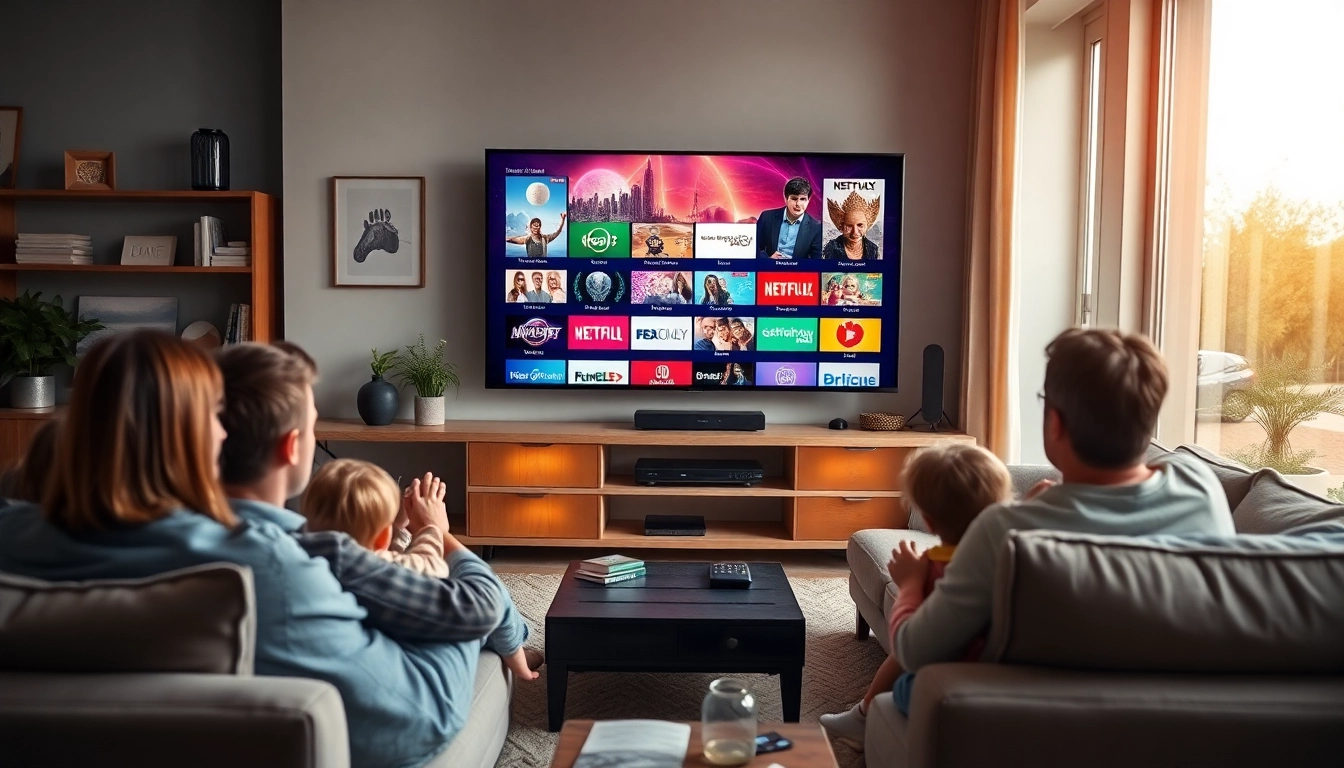 Comprar IPTV en un cómodo salón con un televisor de pantalla grande mostrando opciones vibrantes de canales.