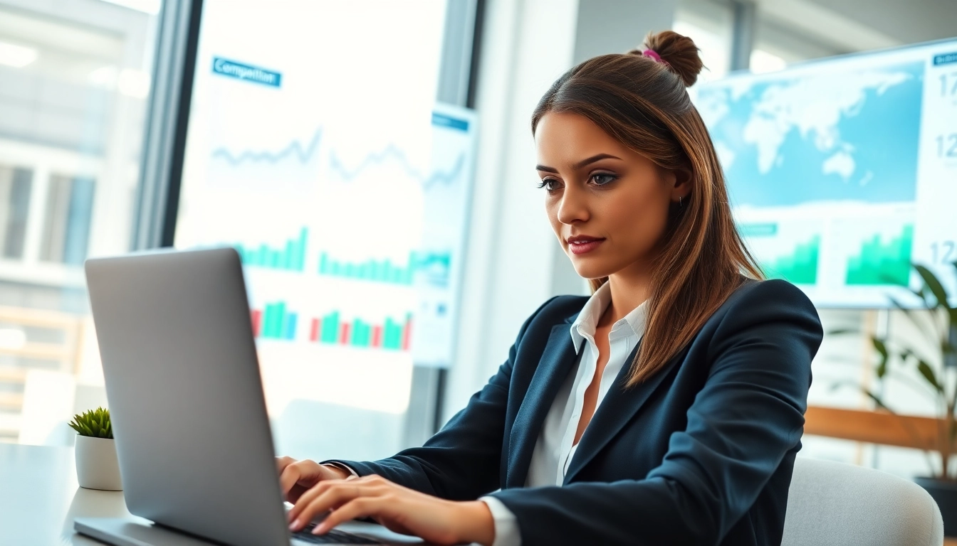 Analyze find competitor pricing data in a modern office setting with a focused businesswoman.