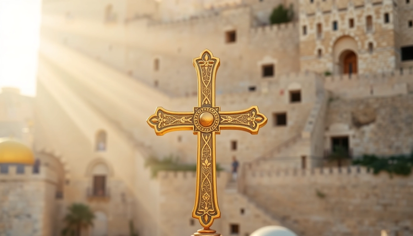 A beautifully detailed Jerusalem crosses centerpiece radiating golden light with Jerusalem's historic skyline behind.