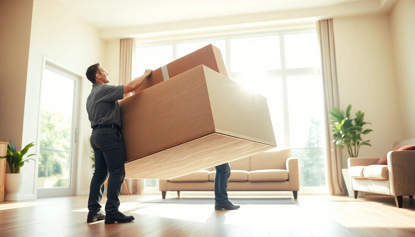 Movers Calgary efficiently lifting furniture during a moving service in a bright living room.