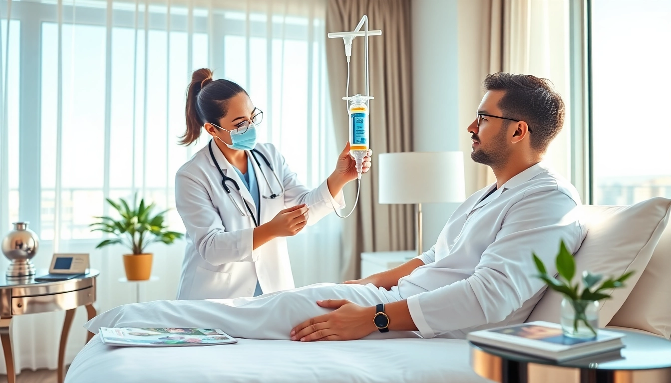 Experience vegas iv treatment with a professional administering IV therapy in a serene Las Vegas hotel.