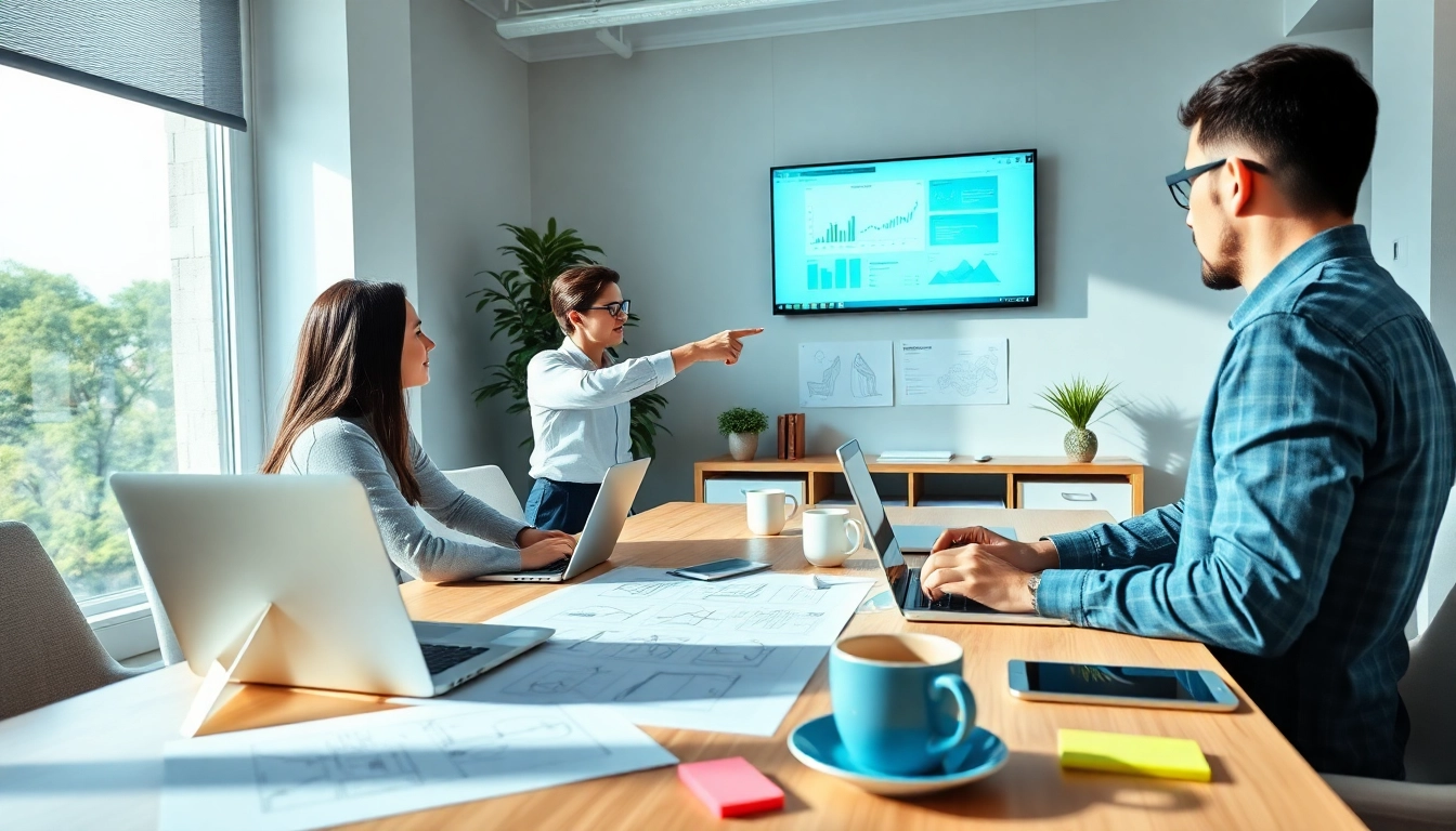 Website design and SEO companies team actively collaborating in a modern office with digital tools.